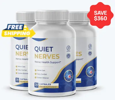 Quiet Nerves 30-capsule bottles; promotional artwork shows free shipping and save $360, subject to retailer confirmation